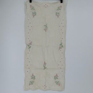 Vintage Hand Embroidered Table Runner Floral Lace Trim Cream 23 x 15 READ